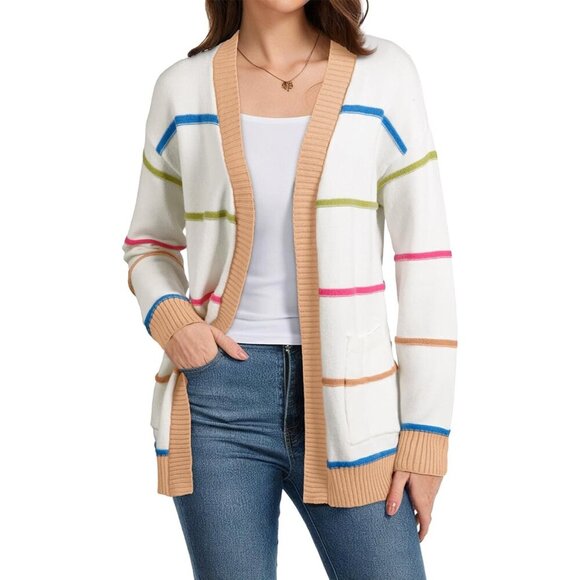 Women's Lightweight Knit Cardigan Open Front Long Sleeve Casual Striped Pockets - Picture 2 of 7